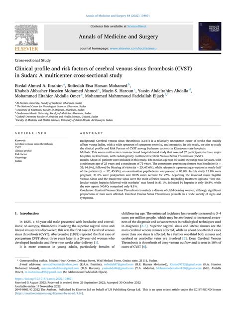 (PDF) Clinical profile and risk factors of cerebral venous sinus thrombosis (CVST) in Sudan: A ...