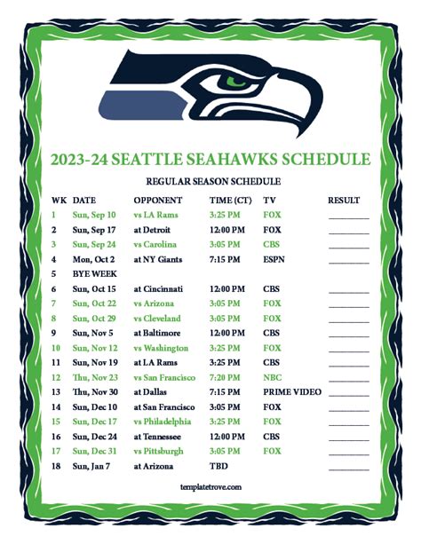 Printable 2023-2024 Seattle Seahawks Schedule