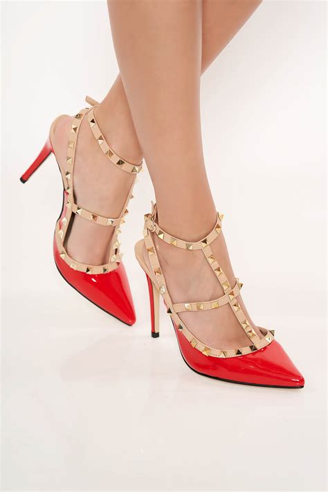 High heels red stiletto shoes with metallic spikes