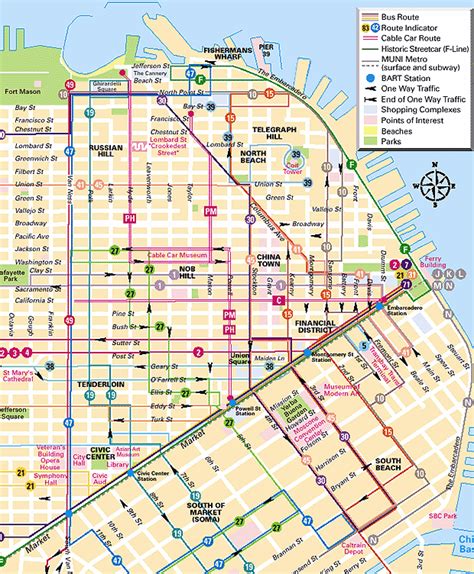 San Francisco California : Muni Bus, Cable Car Route Map