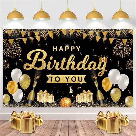 Buy VICSOM Happy Birthday Backdrop Banner, Black Gold Birthday Banner ...