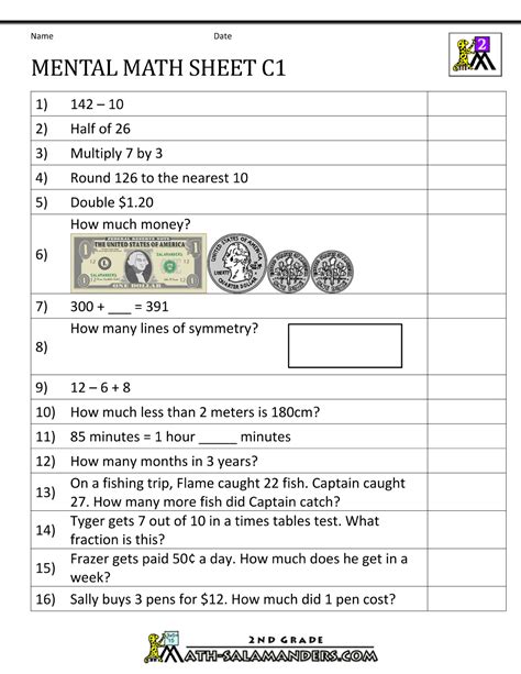 Mental Math Worksheet 2nd Grade