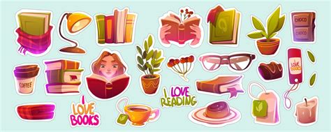 Stickers with books, reading girl, coffee, glasses 16263129 Vector Art at Vecteezy