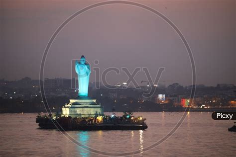 Image of Buddha Statue In Hussain Sagar Lake With Colourful Lights ...