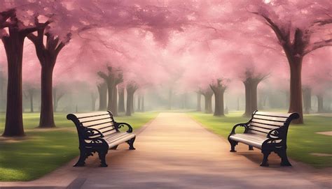 Premium Photo | Park benches in the fog with trees in the background
