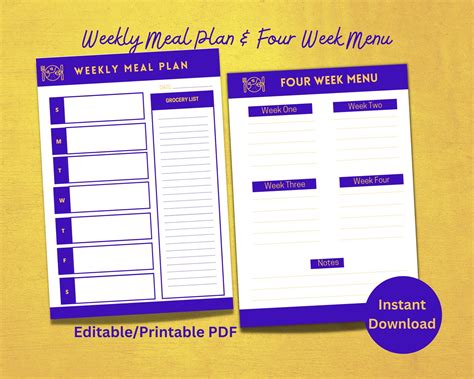 Weekly Meal Plan & Four Week Menueditable Meal Planeditable - Etsy