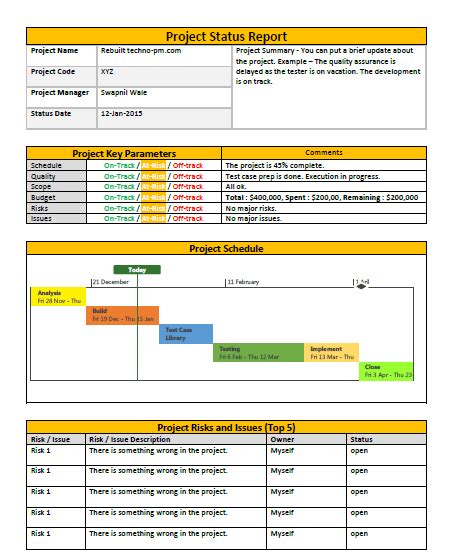 One Page Project Status Report Template : A Weekly Status Report - Free Project Management Templates