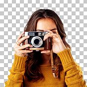 Camera, photo and professional woman filming a fashion catalog on a creative, transparent png ...