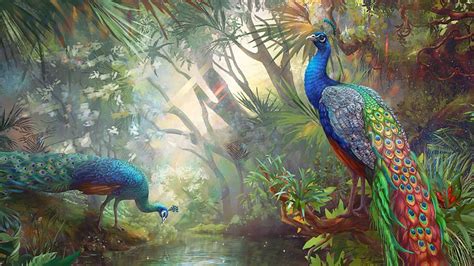 Wallpaper : 1920x1080 px, ART, drawing, oil, painting, paradise, peacocks, terrific 1920x1080 ...