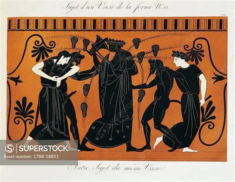 Scene from ancient Greek vase with Dionysus in a vineyard surrounded by ...