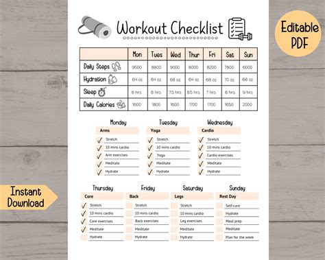 Workout Checklist Editable Daily Workout Routine Chart - Etsy