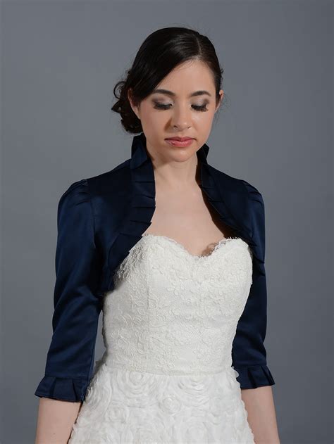 Navy Blue 3/4 sleeve wedding satin bolero jacket Satin008_NavyBlue