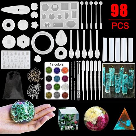 98 Pcs Epoxy Resin Silicone Jewelry Molds Tools Set with Glitter Powder ...