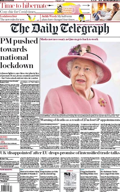 The Daily Telegraph (UK) Front Page for 16 October 2020 | Paperboy Online Newspapers