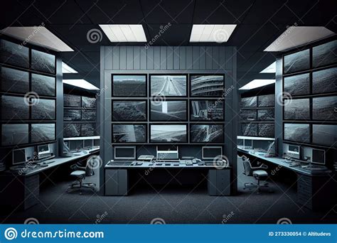 Surveillance Room with Banks of Monitors, Each Showing Different View ...