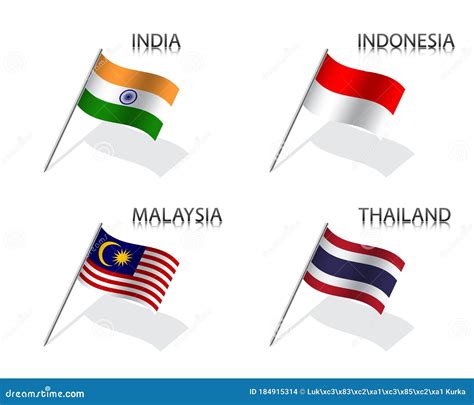 Set Of Four Waving Flag Of India, Indonesia, Malaysia And Thailand. Simple Symbols With Flags ...