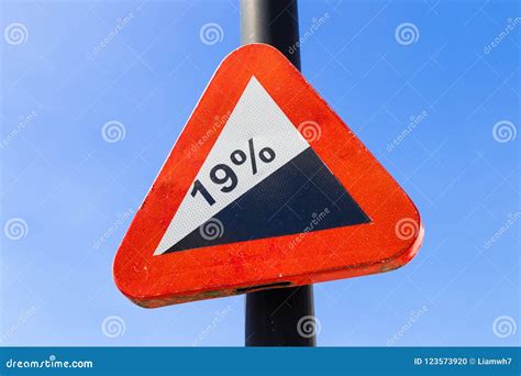 Knokke/Belgium-09.08.18 : Slope Inclined Road Sign Symbol Warning Percentage 19 Stock Photo ...