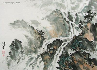 Chinese brush painting of rocks and waterfalls in browns and blues ...