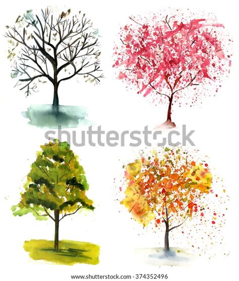 Set Abstract Watercolor Trees Various Seasons Stock Illustration ...