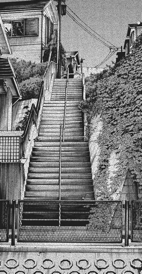 a black and white drawing of stairs leading up to a house on a hill ...