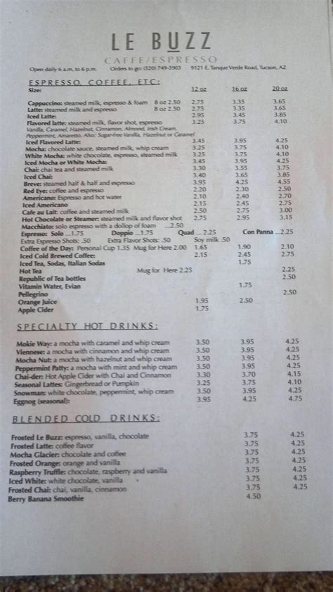 Menu at Le Buzz cafe, Tucson, E Tanque Verde Rd #125