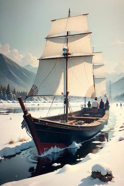 Premium AI Image | Old man fishing in a boat with houses trees forests and snow capped mountains ...