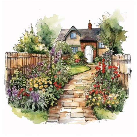 Premium AI Image | A watercolor painting of a garden with a house in the background.