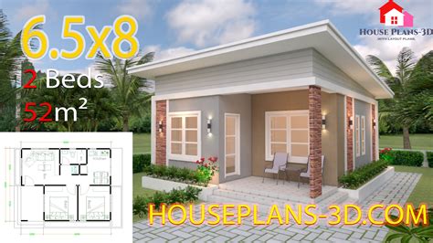 House Design Plans 6.5x8 with 2 Bedrooms Shed Roof - House Plans 3D