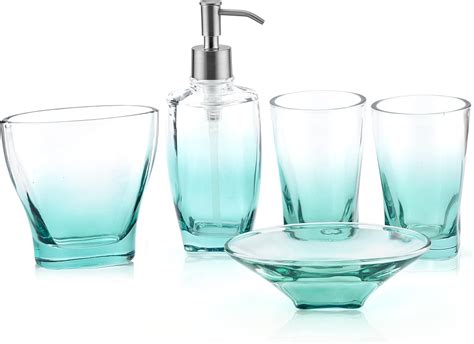 Teal Bathroom Accessories Set Glass, Rzoeox 5 Piece Bathroom Accessory ...