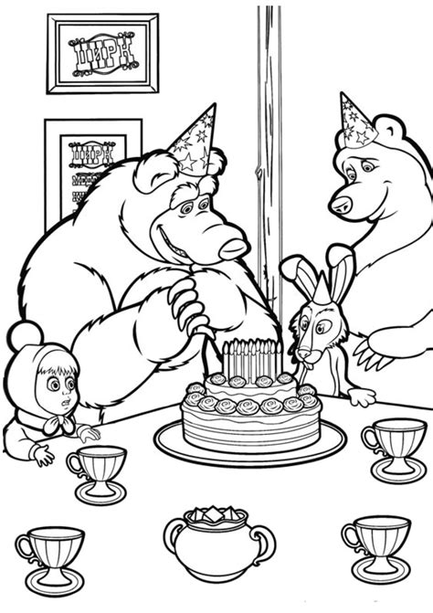 Printable Masha and the Bear Coloring Page Birthday Party with Cakes - Print Color Craft