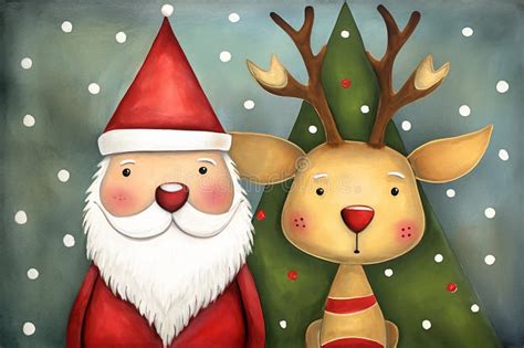 Santa Claus and Deer in Christmas Time Illustration. Cartoon Clipart ...