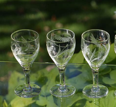Vintage Etched Wine Cordial Glasses, Set of 4, Wine Tasting Party Glasses, Vintage Floral Etched ...