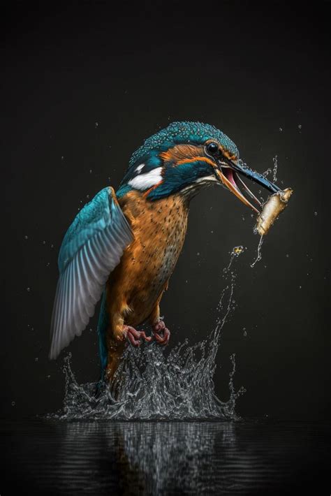 Common European Kingfisher river kingfisher flying after emerging from water with caught fish ...