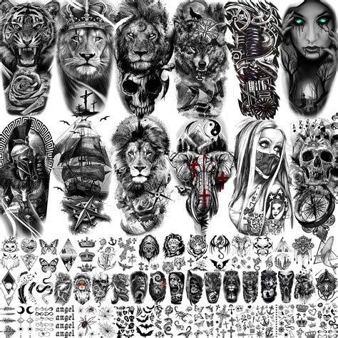 Buy 63 Sheets Tribal Wolf Lion Tiger Temporary Tattoos For Men Women Adults, y Halloween Skull ...