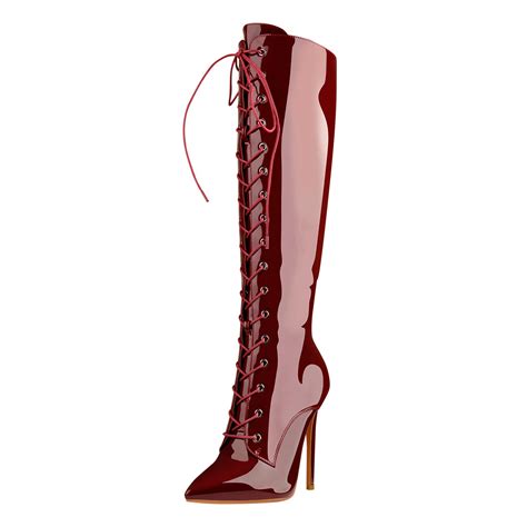 Red Patent Leather Lace Up Pointed Toe Knee High Boots – Onlymaker