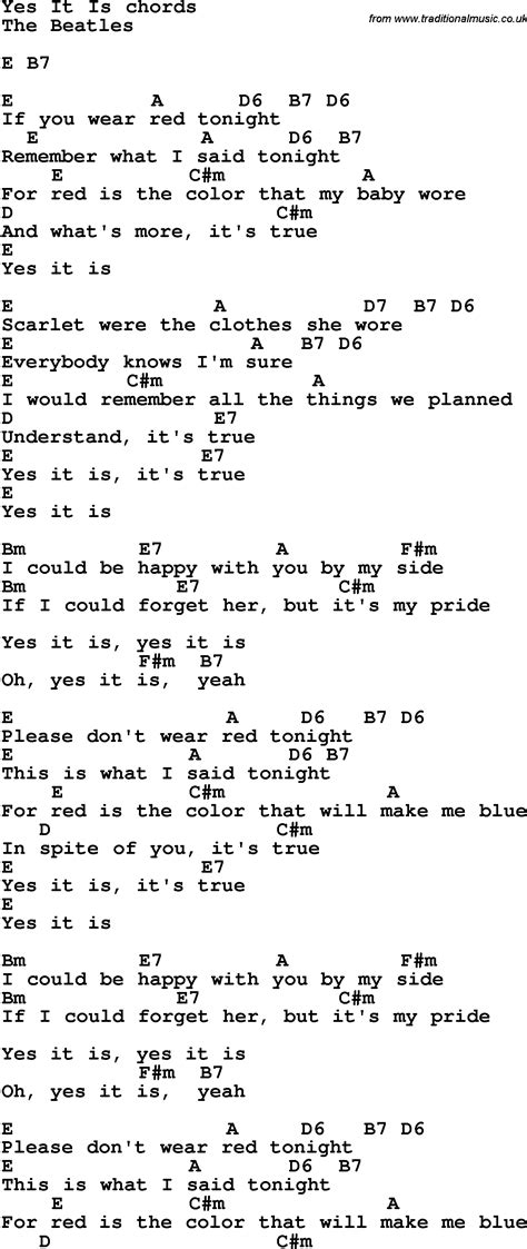 Song lyrics with guitar chords for Yes It Is