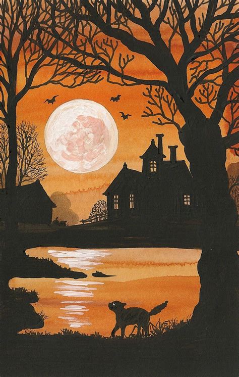 Painting Original Postcard Halloween RYTA Antique Style Black Cat Haunted House | eBay ...