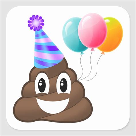 a poop with balloons and a party hat on it's head square sticker