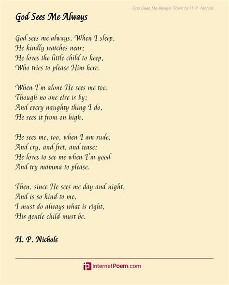 God Sees Me Always Poem by H. P. Nichols