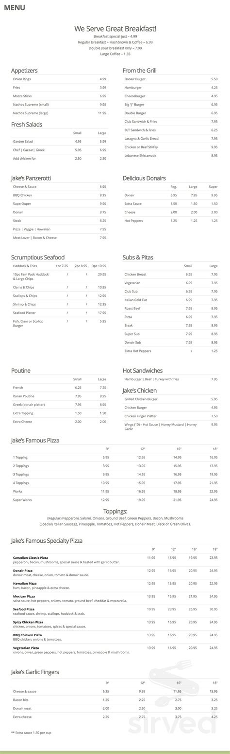 Jake's Diner Pizzeria & Deli menu in Yarmouth, Nova Scotia