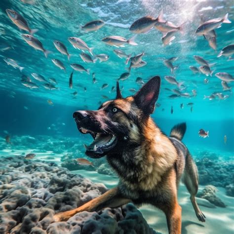 Premium AI Image | A dog swimming under water with a fish in the background