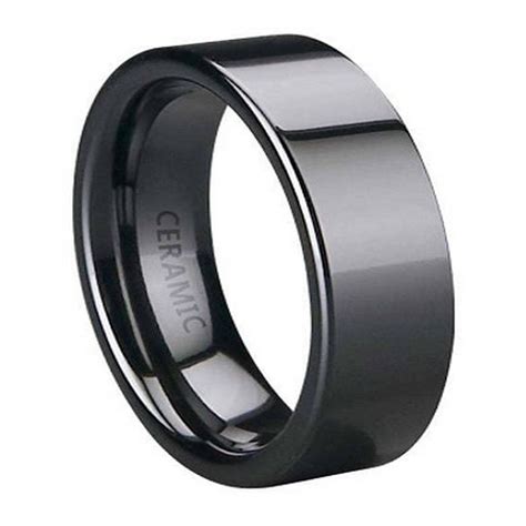 Men's Black Ceramic Wedding Band with Flat Profile and Glossy Finish ...