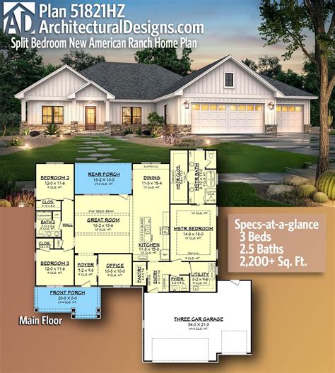 Plan 51821HZ: Split Bedroom New American Ranch Home Plan | Ranch house ...