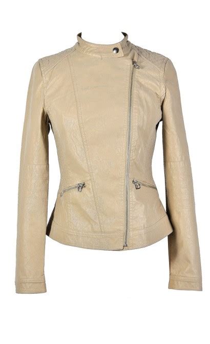 Beige Leatherette Jacket, Cute Beige Jacket, Beige Crossover Jacket, Beige Faux Leather Jacket ...