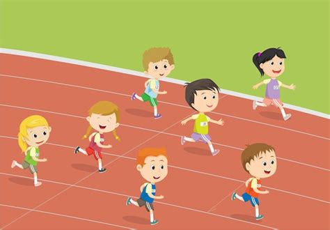 Premium Vector | Happy kids running on the track of stadium