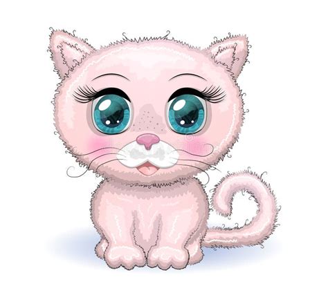 Cute Cartoon Pink Cat, Kitten on a Background of Flowers among ...