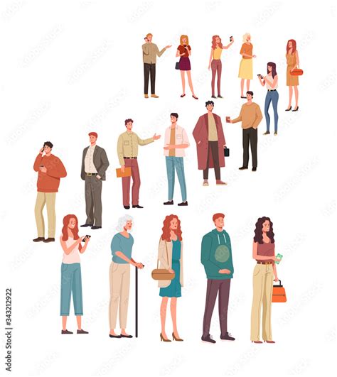 Big queue order waiting line people characters concept. Vector flat ...