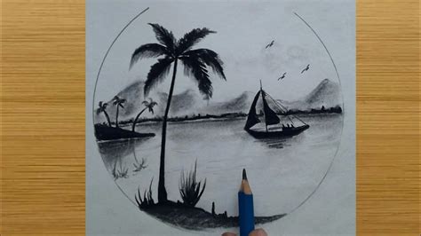 Cool things to draw like mountain / boat / palm tree drawing / river / with pencil - YouTube