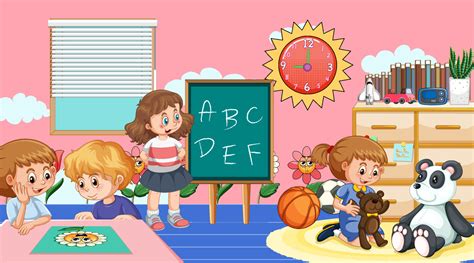 Kindergarten classroom scene with children 7562532 Vector Art at Vecteezy