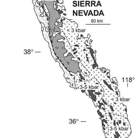 Map of the Sierra Nevada batholith showing the emplacement depths of ...